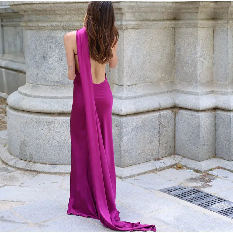 Ribbon Satin Long Party Dress Women Elegant Solid Sleeveless Female Backless Dresses 2026 Summer Autumn Lady Evening Club Gowns