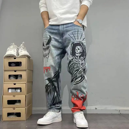 Men's Retro American Street Hip Hop Flame Skull Print Jeans Man High Street Motorcycle Denim Long Pants Baggy Jeans Men Techwear