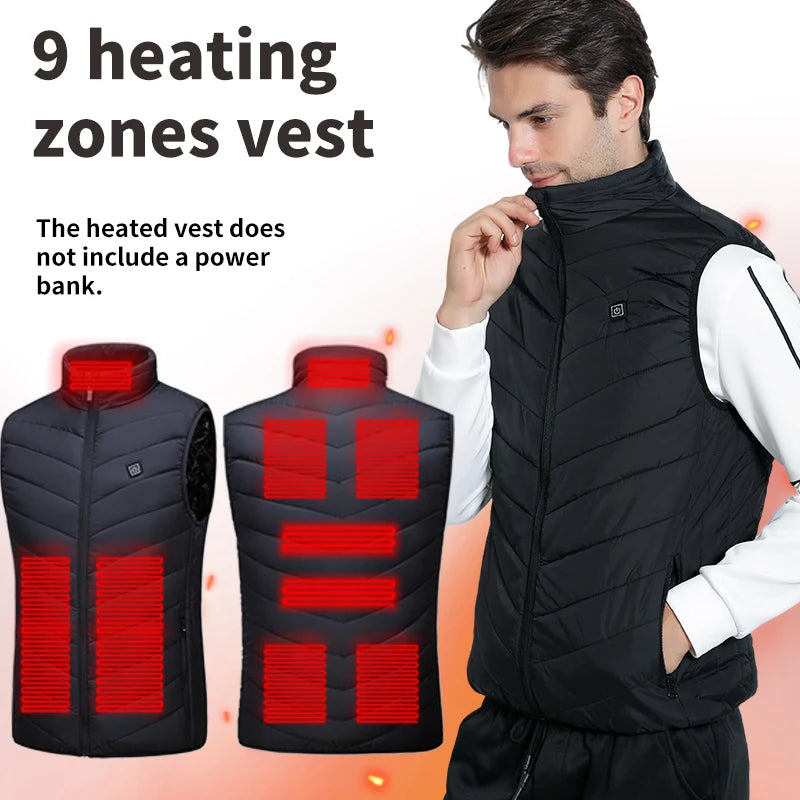 Winter Men's 9-Zone Heated Vest for Cold Protection Electric Heated Vest with Heating Cotton Lining【Power supply not included】
