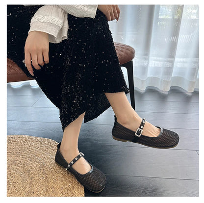Mesh Breathable Flat Mary Jane Shoes Women Fashion Square Toe Soft Bottom Sandals Comfort Buckle Designer Ballet Shoe for Ladies