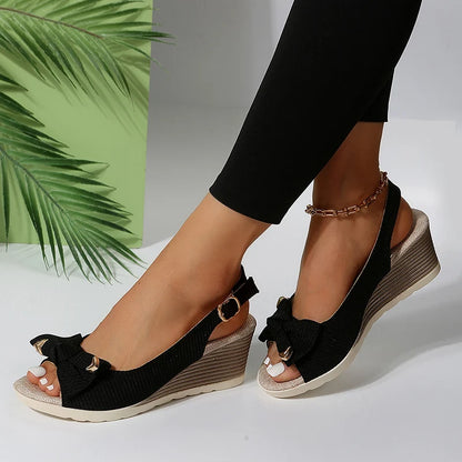 Fashion Bow Knot Thick Bottom Sandals Women Back Strap Wedge Open Toe Sandal Female New Office Ladies Anti-Slip Sandalias Mujer