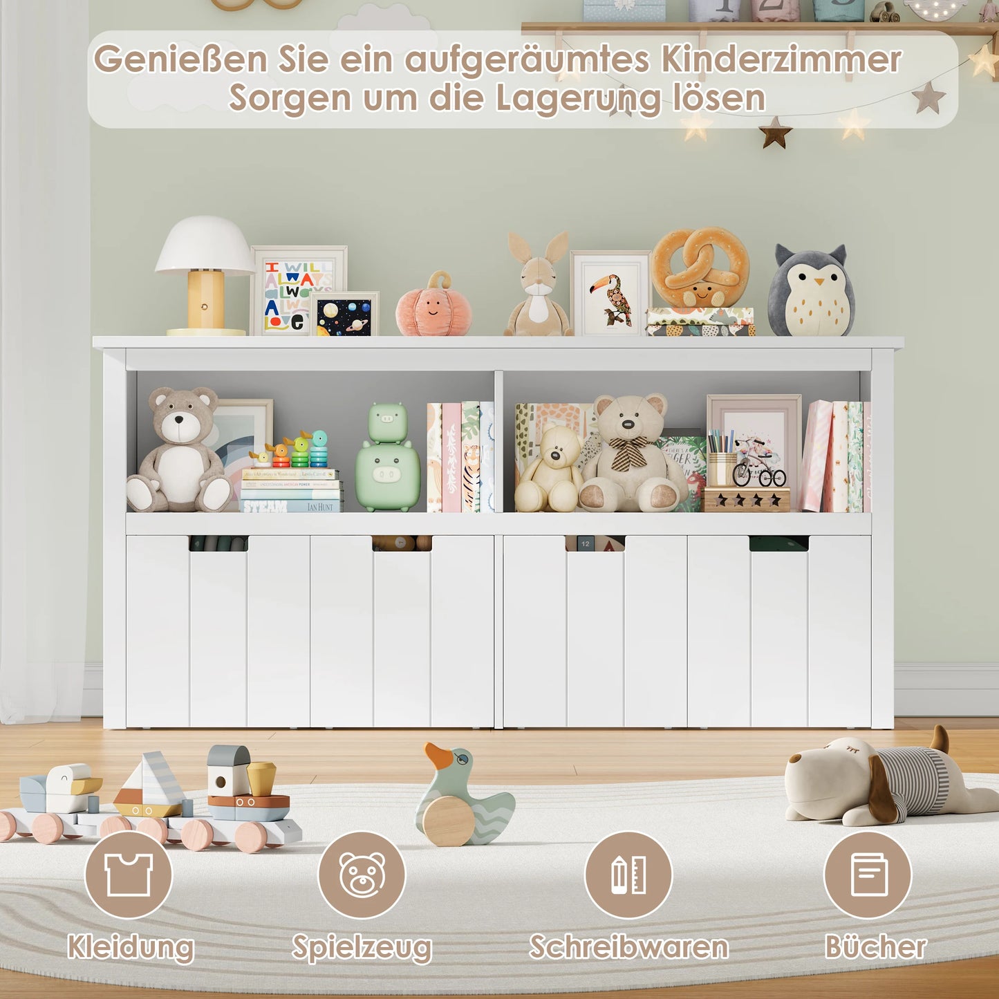 Getone Toy Storage Unit Children's Cabinet with 4 boxing on rolls Kid's room furniture Toys Storage Cabinet 120x33x61.5 cm White