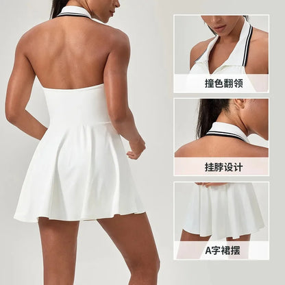 Summer Dress Vest Deep V Hanging Neck Sexy Dress for Women Contrasting Color Lapel Golf Skirt Outdoor Sports Gym Running