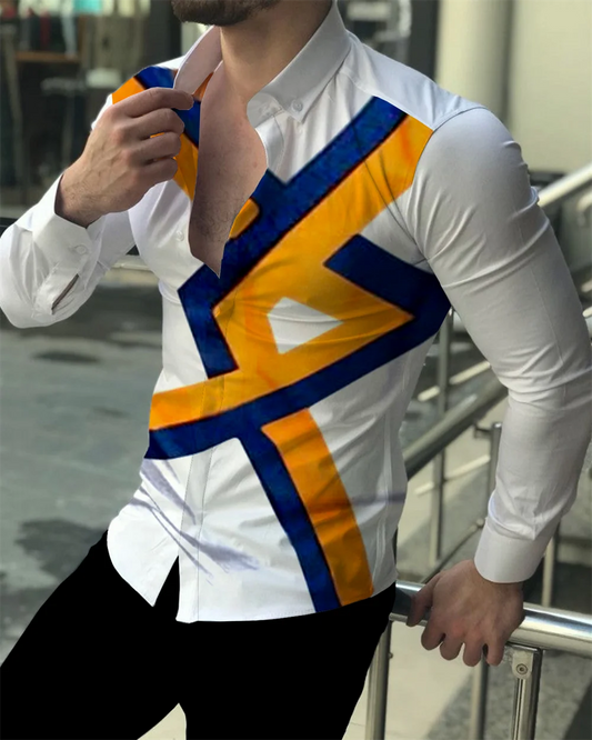 2023 latest men's prom fashion luxury social men's lapel single breasted cardigan shirt casual printing long-sleeved shirt