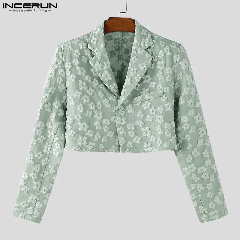 INCERUN Men Blazer Flower Jacquard Lapel Long Sleeve Crop Coats Men Streetwear Autumn 2025 One Button Fashion Casual Male Suit