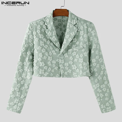 INCERUN Men Blazer Flower Jacquard Lapel Long Sleeve Crop Coats Men Streetwear Autumn 2025 One Button Fashion Casual Male Suit