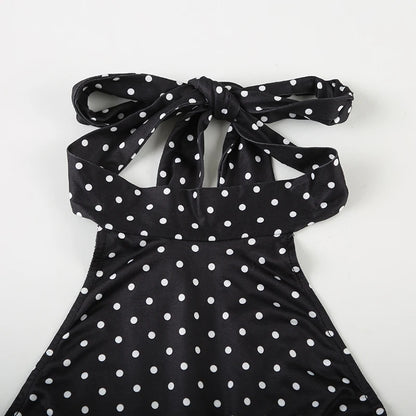SUCHCUTE Sexy Polka Dot Print Halter Dress For Women Elegant Party Slim Backless Sleeveless Mini Dress Summer Vacation Outfits