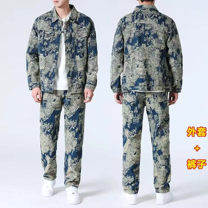 High Street Denim Sets Men's Jacquard Ragged Loose Casual Retro Washed Denim Shirt Style Jacket Jeans Pants