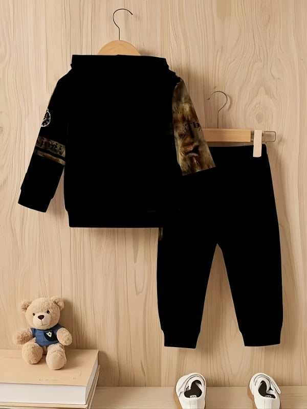 "Boys' Lion King Hoodie Set | 'The King' Bold Lion Print - Black Hooded Sweatshirt & Jogger Pants Two-Piece"