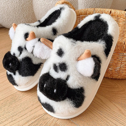 Casual Fluffy Slippers Women House Cute Cartoon Cow Designer Shoes Girl Flat Fashion Elegant Plush Winter Platform Footwear Home