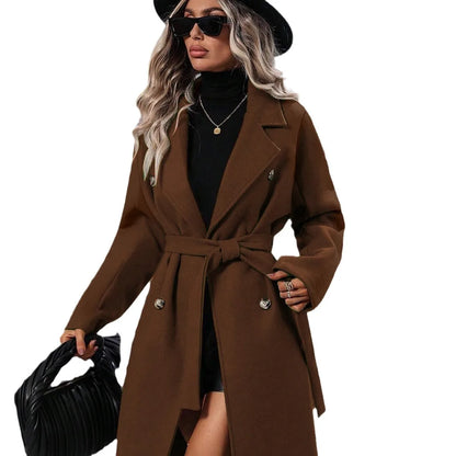 Women Turn Down Collar Thick Midi Length Wool Coat Pockets Casual Full Sleeve Double Breasted Blends Coats 2025 Autumn Winter