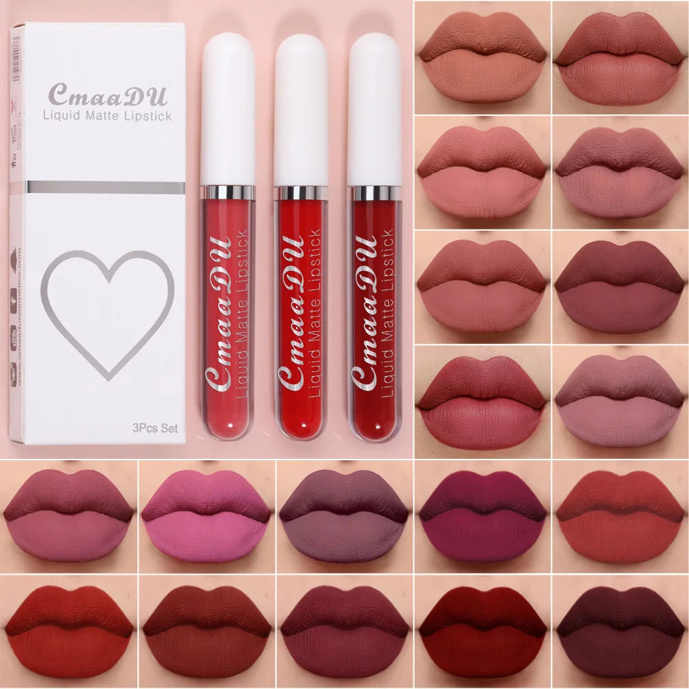 1/3pcs Matte Lipstick Set Liquid Waterproof Velvet Sexy Red Lip Gloss Kit Makeup Lasting Non-stick Cup Lip Tint Beauty Cosmetics