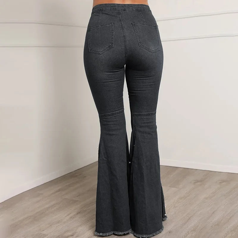 Denim Flare Pants Women Washed Jeans High Waist Slim Fit Pockets Embroidered Flares Vintage Trousers Full Length Casual Denims