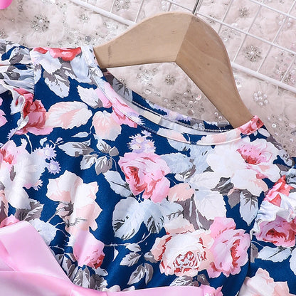 New girls' summer style bubble sleeve flower printed mesh dress