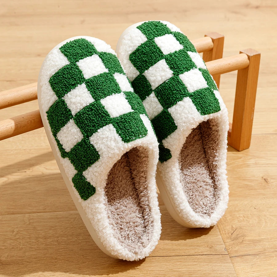Slippers Classic Checkerboard Embroidered Pattern Women's Winter Indoor Soft Sole Warm Comfy Leisure Bedroom Fuzzy Home Shoes
