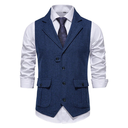 New Men's Retro Lapel Vest Herringbone Coarse Tweed Pockets Suit Vest British Casual Vintage Gentleman Leisure Party Bar Banquet