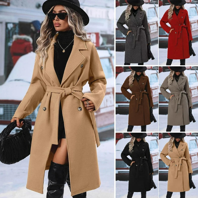 Women Turn Down Collar Thick Midi Length Wool Coat Pockets Casual Full Sleeve Double Breasted Blends Coats 2025 Autumn Winter