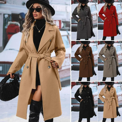 Women Turn Down Collar Thick Midi Length Wool Coat Pockets Casual Full Sleeve Double Breasted Blends Coats 2025 Autumn Winter