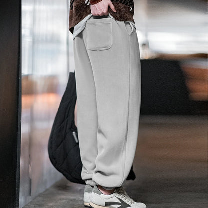 Maden Men's Casual Solid Color Polar Fleece Cuffed Sweatpants Elastic Waist Fleece-lined Pants Warm Sports Straight-leg Trousers