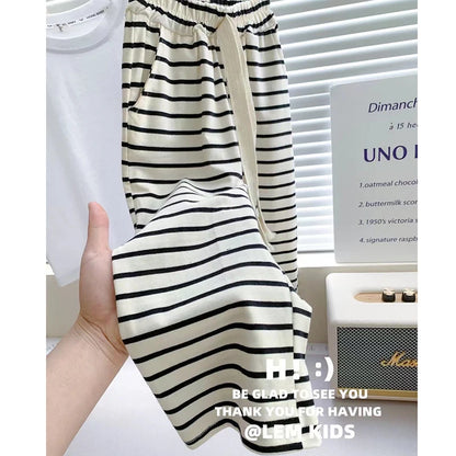 New Summer Girls Clothing Set Comfortable Style Short Sleeve T-shirt + Stripe Pants 2Pcs Suit For Girl Children Fashion Outfit