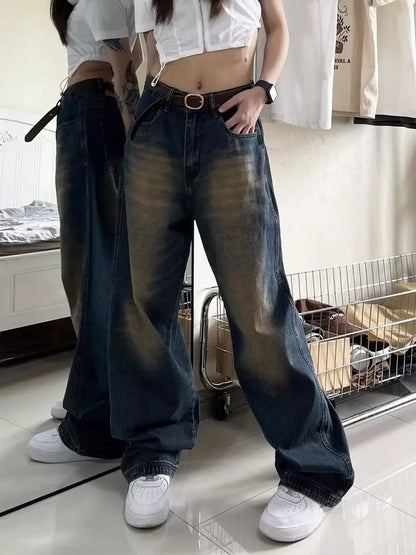 Women Jeans Distressed Full Length Wide Leg Denim Pants Spliced Zipper Fly Vintage Jean Pockets High Street Loose Fit Washed