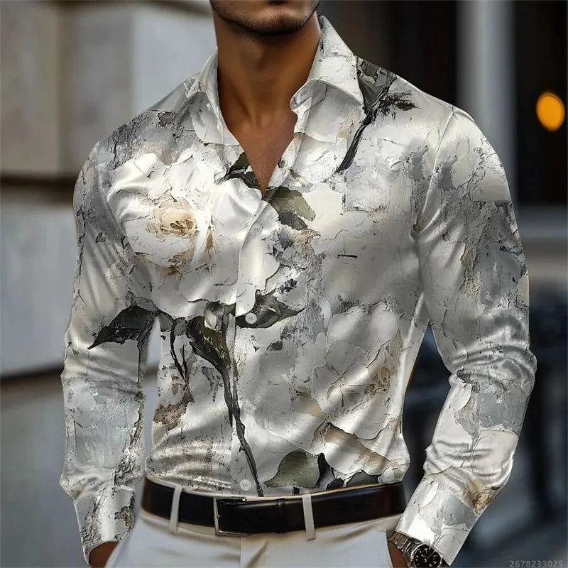 Men's shirt abstract liquid art 3D print shirt, spring and autumn lapel long-sleeved shirt, fashionable casual men's top