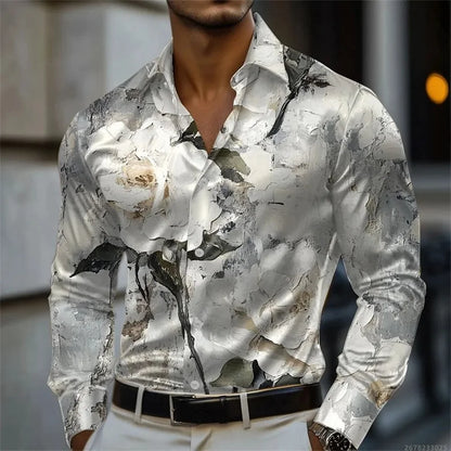 Men's shirt abstract liquid art 3D print shirt, spring and autumn lapel long-sleeved shirt, fashionable casual men's top
