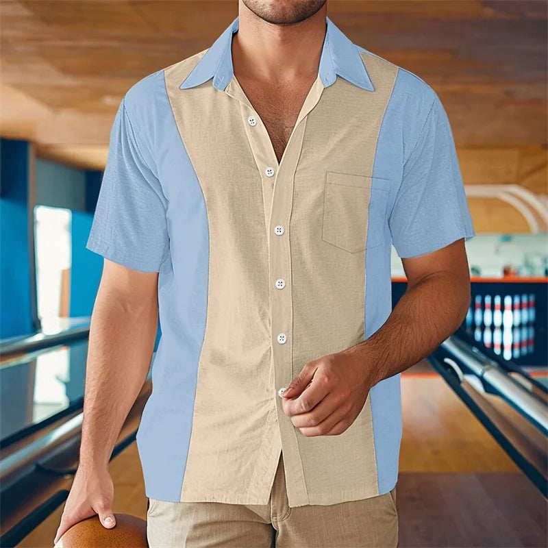 Mens Summer Beach Casual Bowling Button Down Shirt Black Blue Green Grey Lapel Vacation Everyday Front Pocket Outfit