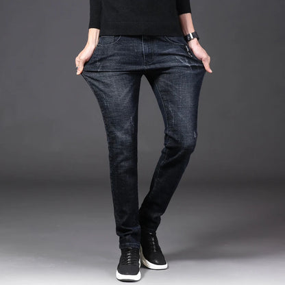 Winter Men Thermal Jeans Snow Warm Stretch Straight Jeans Man Fleece Denim Long Pants Narrow Leg Slim Fit Blue Black Trousers