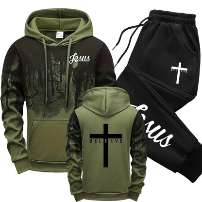 Jesus Christ Style Hoodies and Sweatpants Autumn Winter Daily Casual Sporty Jogging Suit Cross Tracksuit High Quality Men's Set