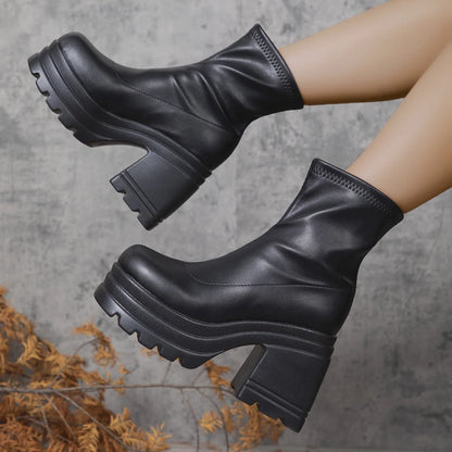 Women New Fashion Short Boots Women Sexy Leather Boot Square toe casual Zipper high heels Casual thick soled women shoes Zapatos