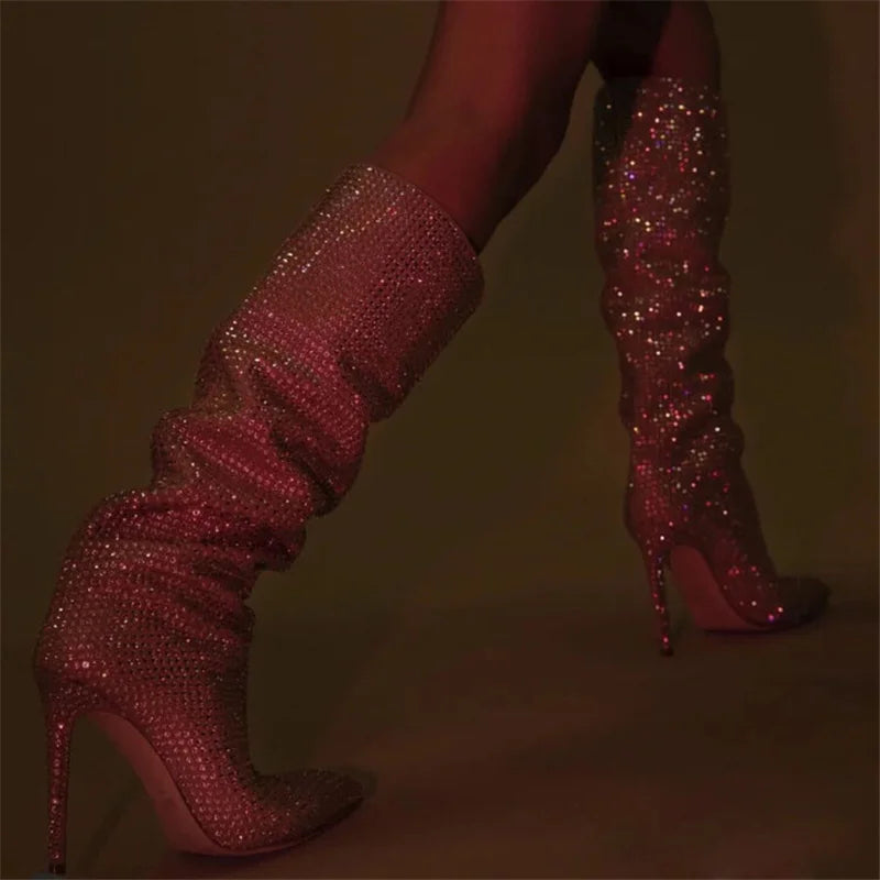 Women Rhinestone Knee High Boots Sexy Lady Pinted Toe Thin Heel Long Boots Woman's Slip-On High Heels Botas Mujer Invierno 2025