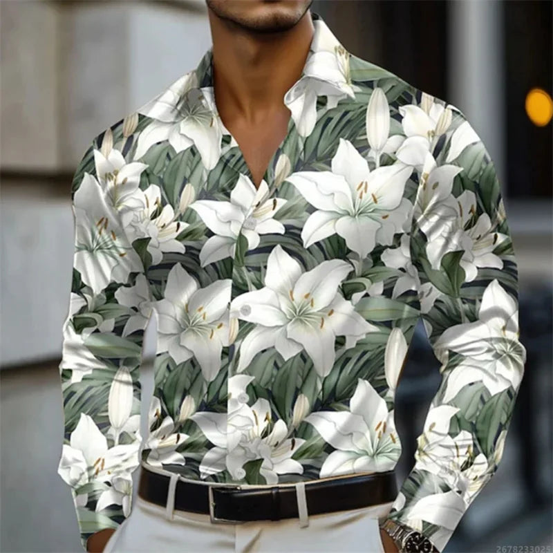 Men's shirt abstract liquid art 3D print shirt, spring and autumn lapel long-sleeved shirt, fashionable casual men's top
