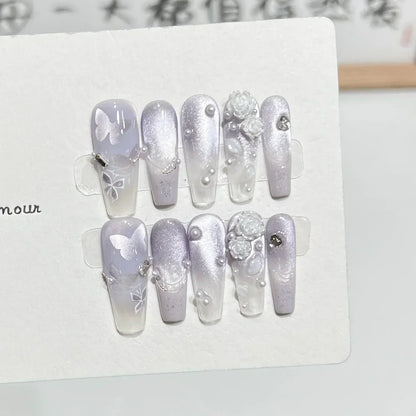 10Pcs Long Ballerina Handmade Press on Nails Pink Black Fake Nails Wearable Stick-on Nails Full Cover False Nail Uñas Postizas