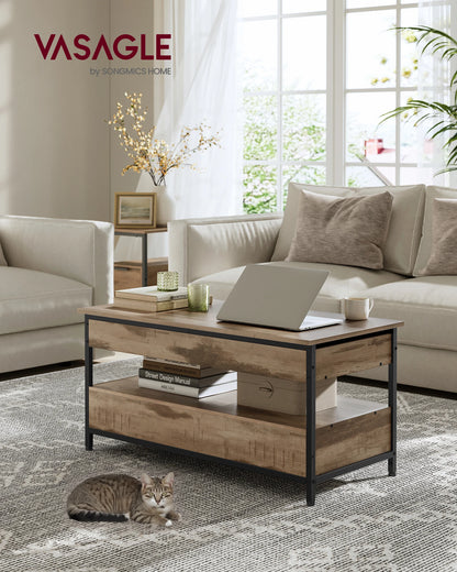 VASAGLE coffee table, height adjustable living room table, coffee table, with drawers, open compartment, 50x100 x (48-63)cm
