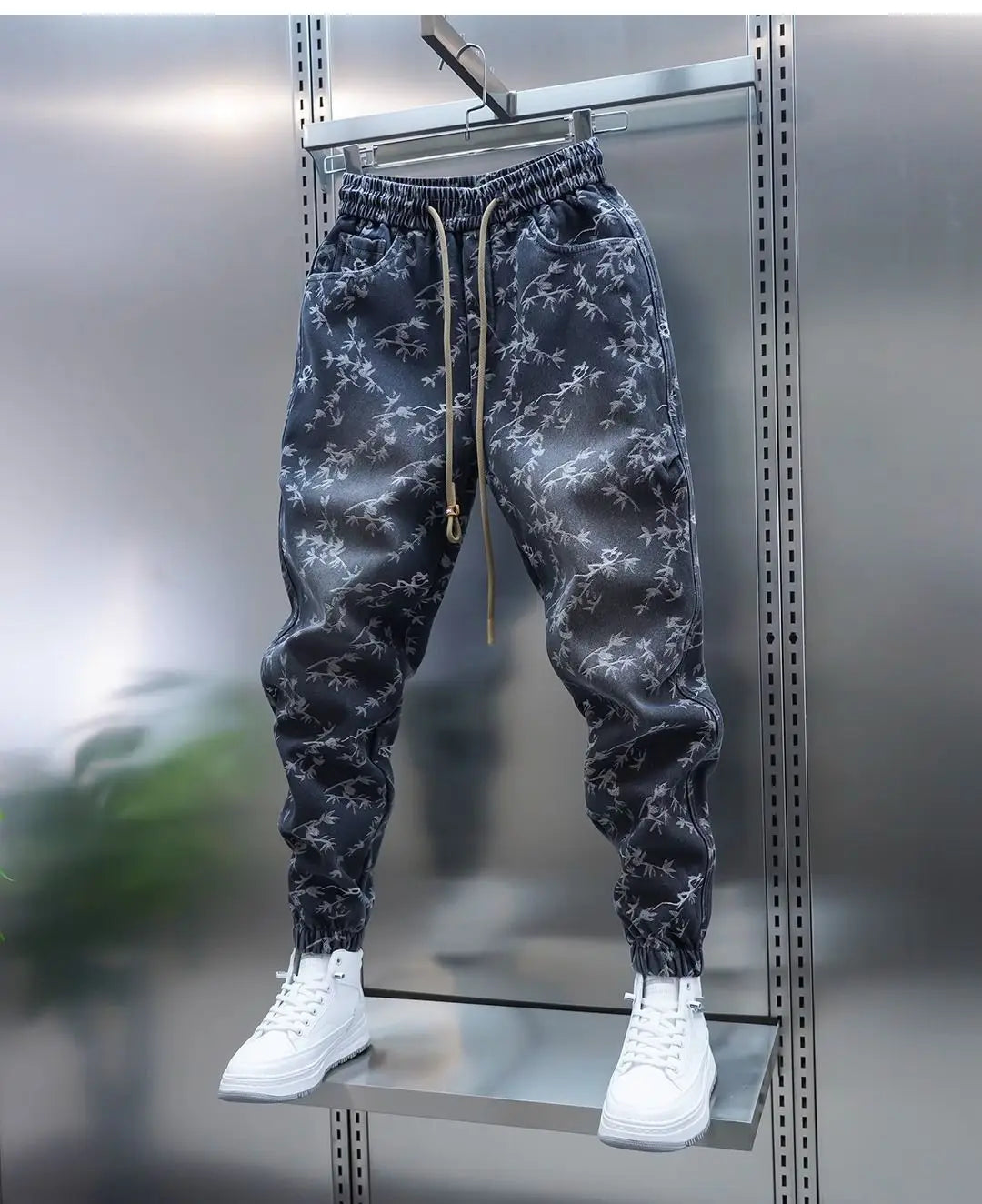 Trendy Men's Spring and Summer New Jeans Light Blue Heavy Industry Jacquard Leggings Thin Designer Luxury Elastic Waist Pants