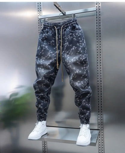 Trendy Men's Spring and Summer New Jeans Light Blue Heavy Industry Jacquard Leggings Thin Designer Luxury Elastic Waist Pants