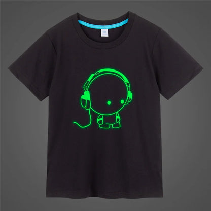 Boys Girls music Print Noctilucence Luminous T-shirts Summer men woman Kids Neon Party Club Night Light Punk Tops Tees