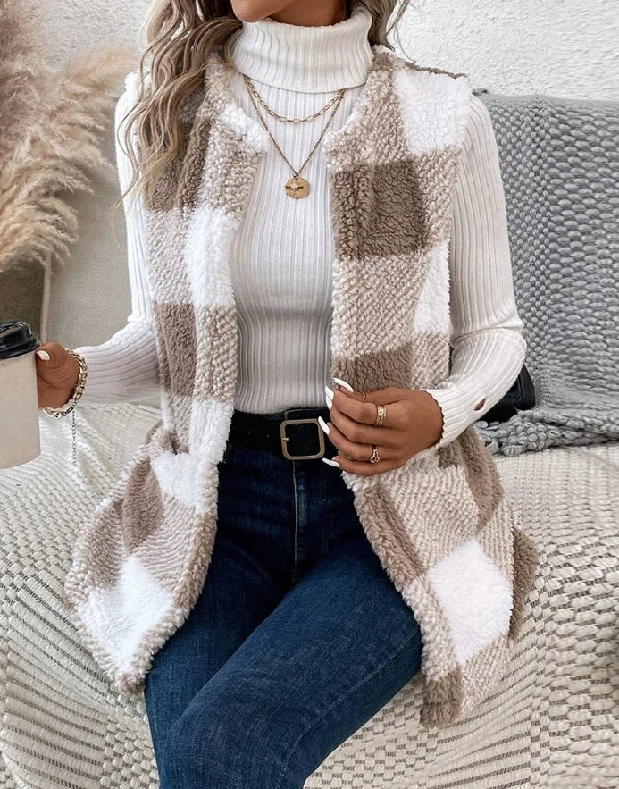 Autumn Women's Sleeveless Vest Cotton Coat Casual Women's Pocket Vest Fashionable Checkered Pattern Pocket Design Teddy Vest