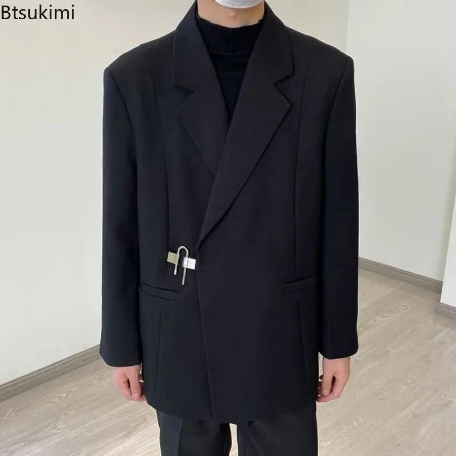 2026 Men's Korean Style Spring Casual Suit Jacekt Metal Buckle Male Loose  Male Solid Color Blazers Harajuku Long Sleeve Coats
