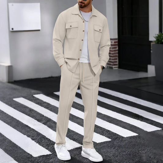New men's solidcolor waffle longsleeved pants set  high quality fashionable comfortable with doublepocketsworkwearstyle cardigan