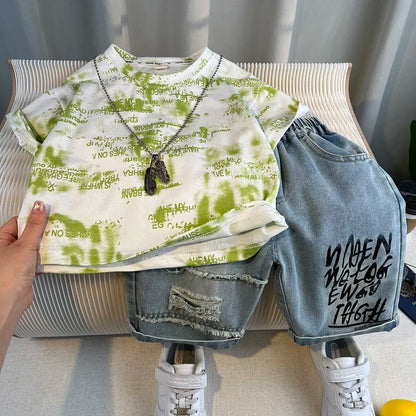 Hot Sale Fashion Baby Boy Suit Summer Clothes Short Sleeve T-shirt Short Jeans 2 Piece Set Kids Outfit 2-11Y Children's Costume