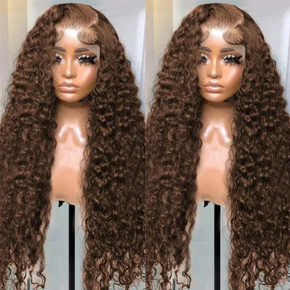 Chocolate Brown 13x6 HD Lace Frontal Wig with 13x4 Curly Deep Wave Human Hair Water Wave Brazilian Style for Women 4x4 Hair