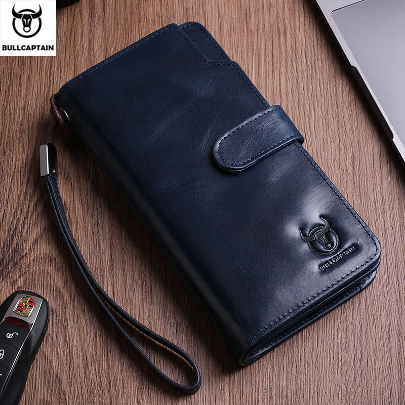 BULLCAPTAIN Men Long Wallet Clutch Bag Credit Card Holder Purses Carteras Billetera Hombre Leather Money Portfe Carte