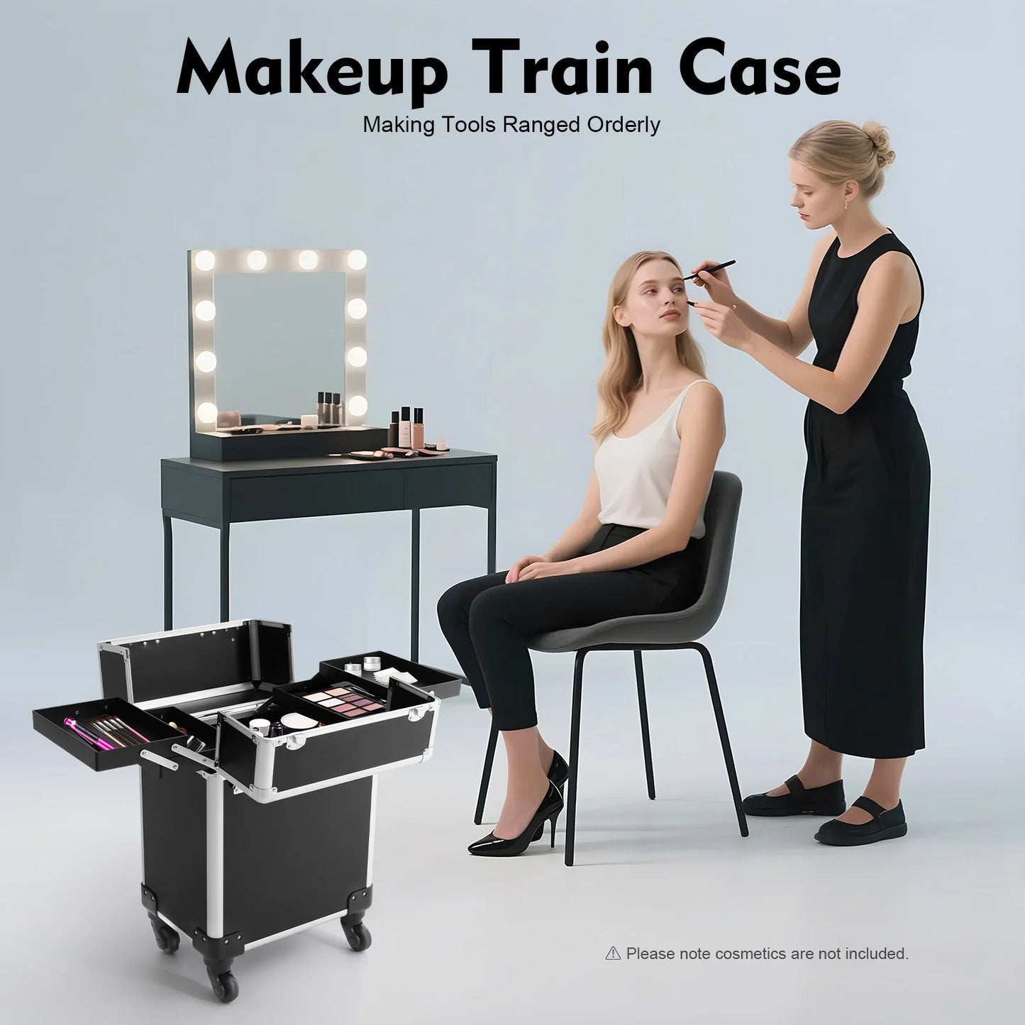 Rolling Makeup Train Case,Cosmetic Trolley with Keys,Hairdressing Travel Case,Large Capacity Trolley Makeup Box,Pink/Black