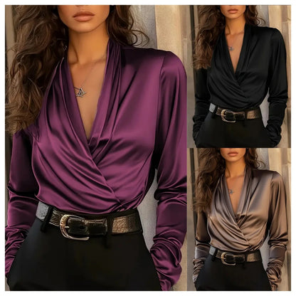 Women's Satin Blouse Long Sleeve Fashion Solid Color Shirt Office Lady Clothes Tops Elegant Woman Shirts Ladies Daily Wear Blusa