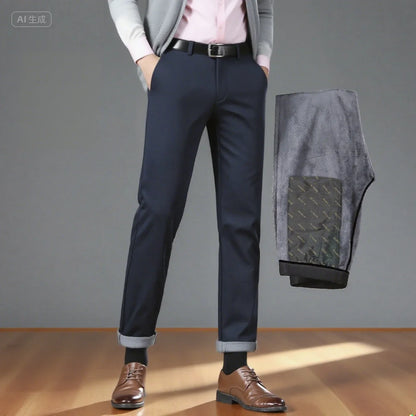 Winter Velvet Thickened Men's Business Casual Trousers Straight Leg Pants High Waisted Elastic Warm Men's Pants Slim Fit Pants