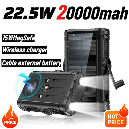2025 NEW Solar Power Bank 20000mAh 22.5W Magnetic Wireless Powerbank Hand Crank with Cable Portable Charger for Outdoor Camping