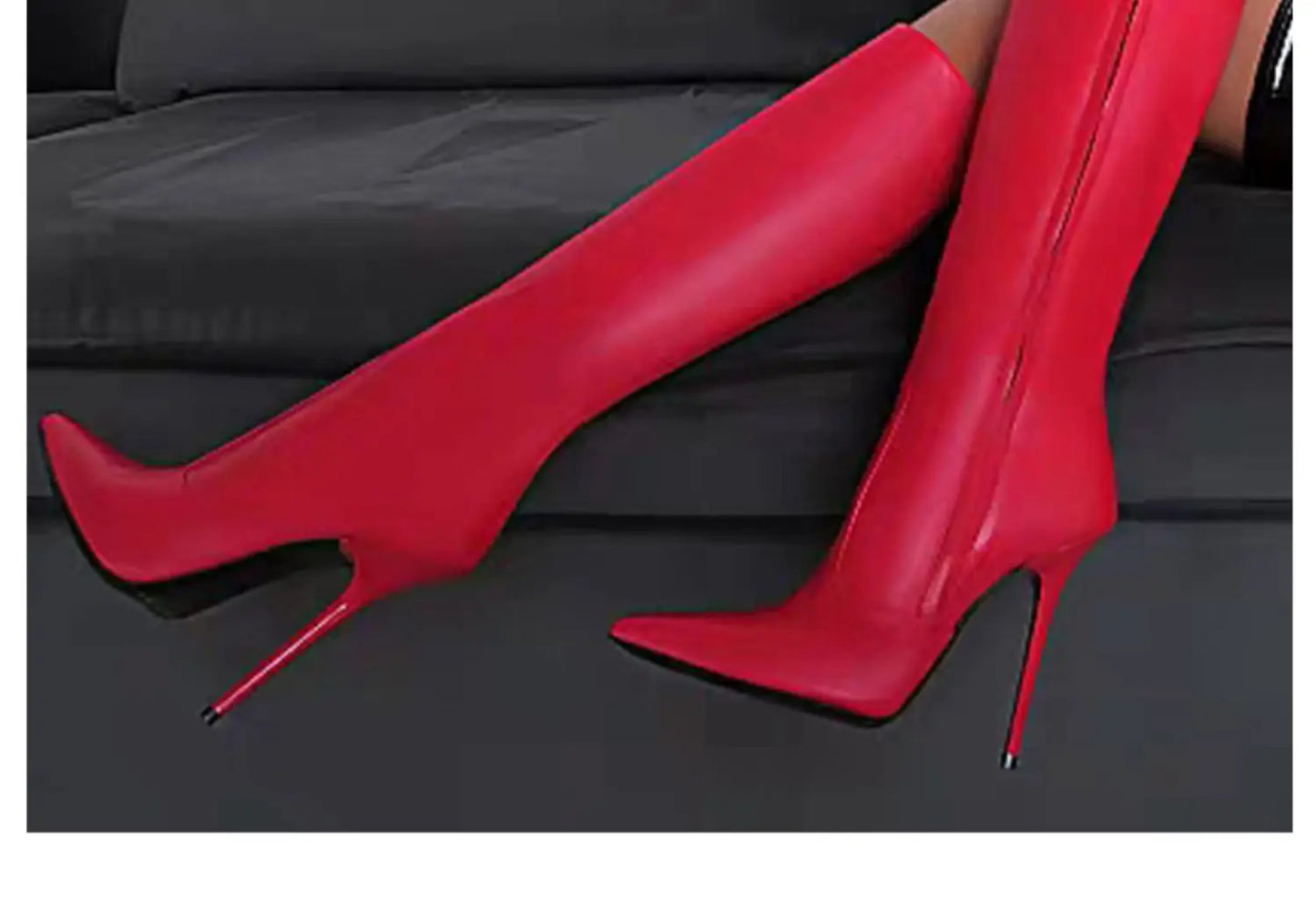 Arden Furtado Patent Leather Skinny boots Pointed toe Side zipper Super high heel Knee high boots Extra large size boots