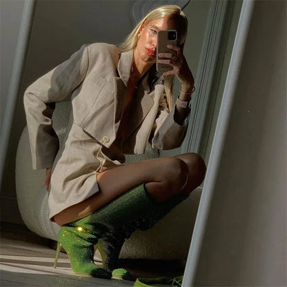 Women Rhinestone Knee High Boots Sexy Lady Pinted Toe Thin Heel Long Boots Woman's Slip-On High Heels Botas Mujer Invierno 2025